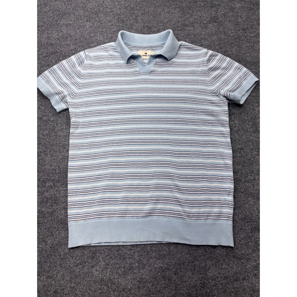 The Normal Brand Mens Knit Polo Shirt Light Blue Striped Short Sleeve Small